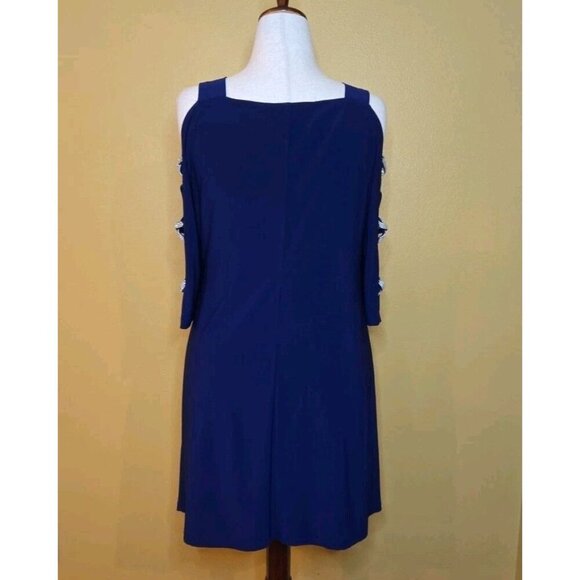 MSK Petite Rhinestone Strap Dress Navy Blue Large Open Sleeve Cold Shoulder 3/4 - Picture 2 of 10